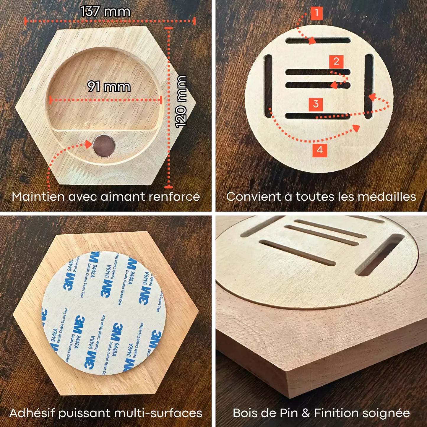 Porte-médaille hexagonal en bois - Le mur de médailles évolutif MedalRise - MedalRise