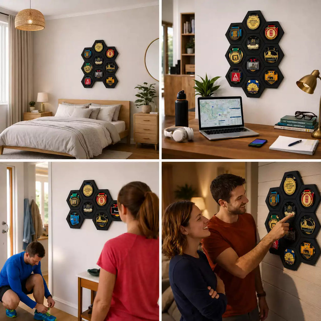 Porte-Médailles Hexagonal en Bois Peint Noir