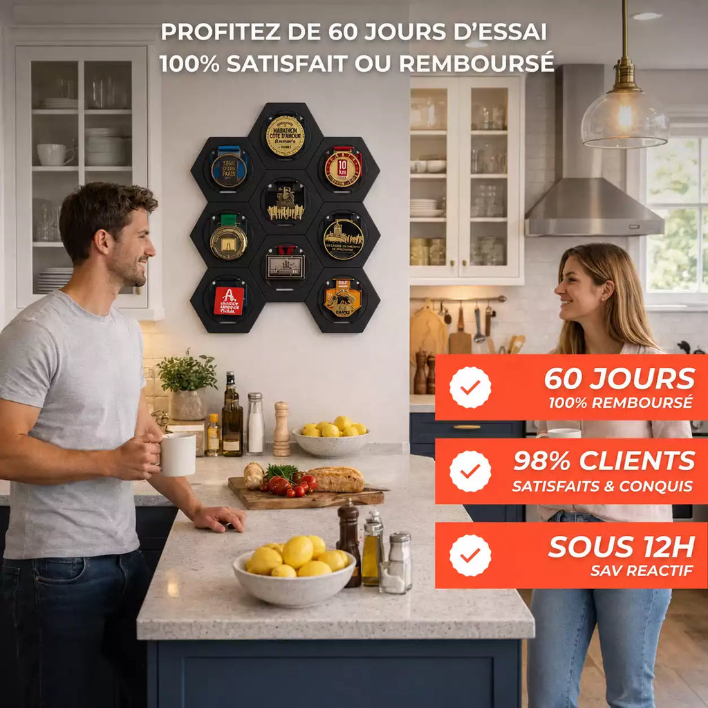 Porte-Médailles Hexagonal en Bois Peint Noir