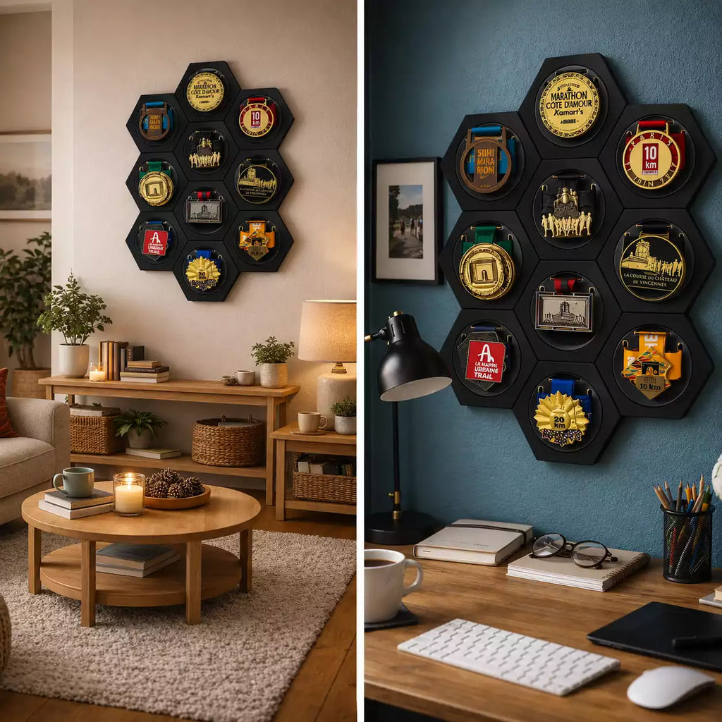 Porte-Médailles Hexagonal en Bois Peint Noir