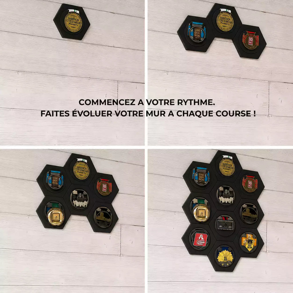 Porte-Médailles Hexagonal en Bois Peint Noir