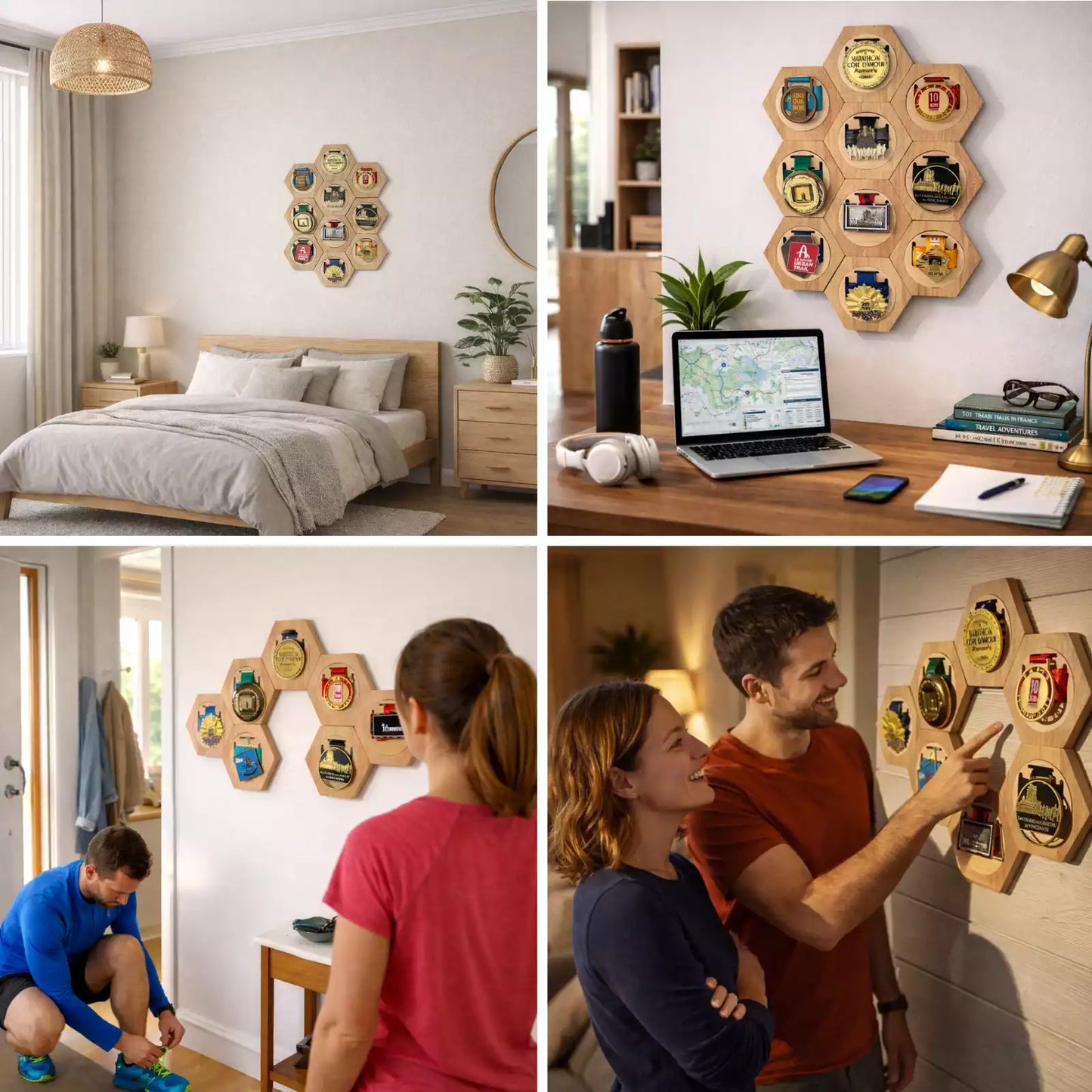 Porte-médaille hexagonal en bois - Le mur de médailles évolutif MedalRise - MedalRise