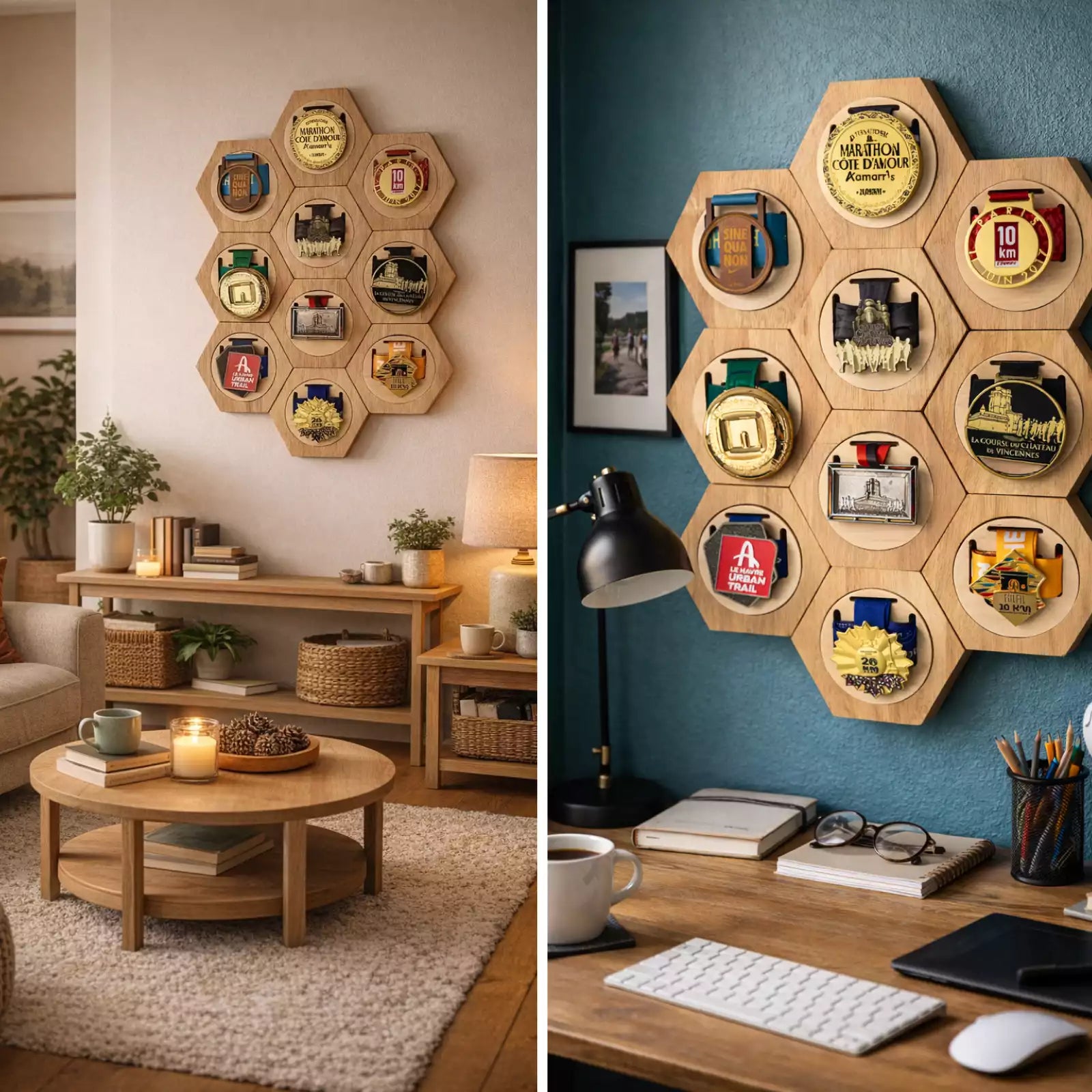 Porte-médaille hexagonal en bois - Le mur de médailles évolutif MedalRise - MedalRise
