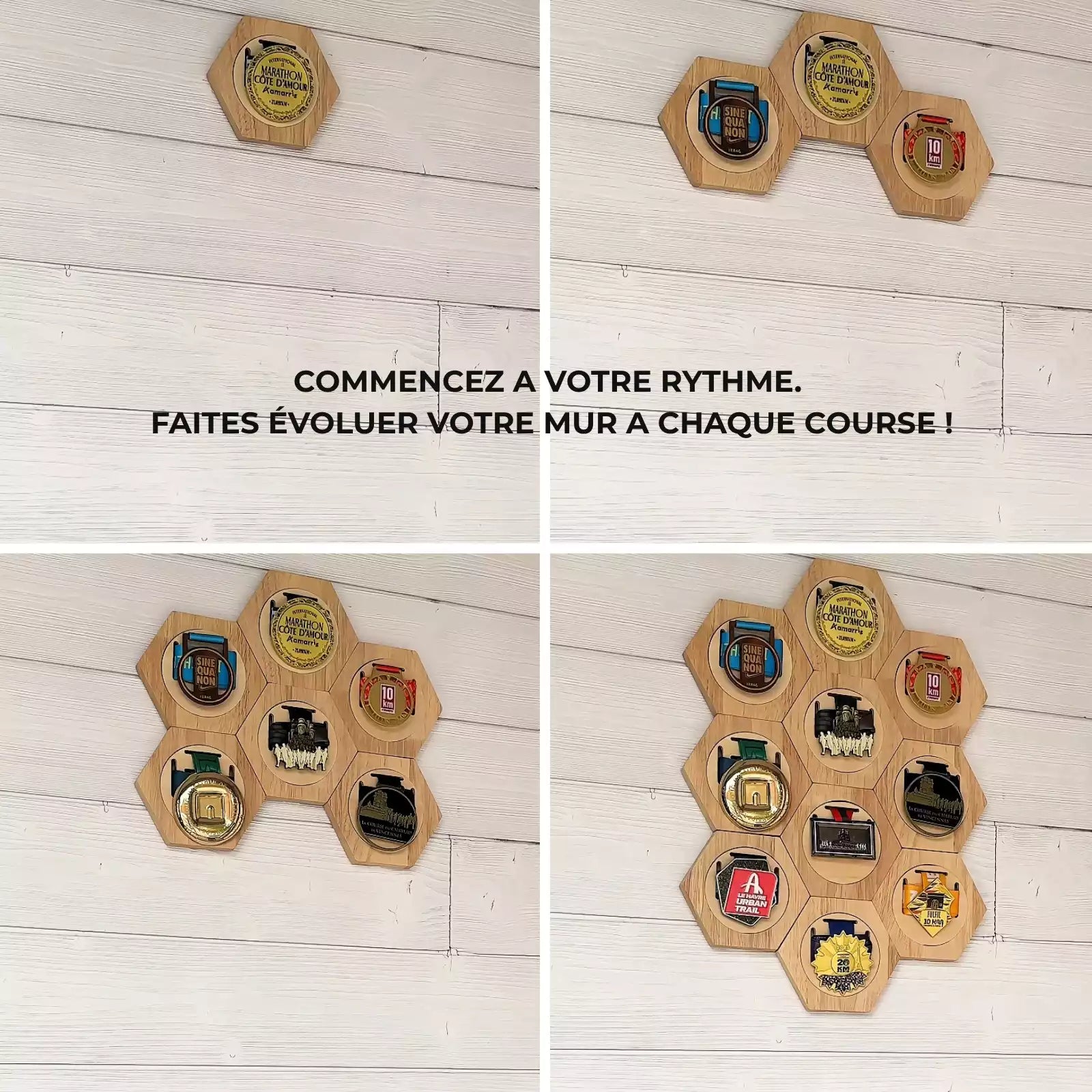 Porte-médaille hexagonal en bois - Le mur de médailles évolutif MedalRise - MedalRise