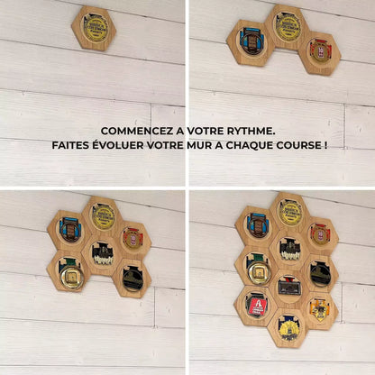Porte-médaille hexagonal en bois - Le mur de médailles évolutif MedalRise - MedalRise