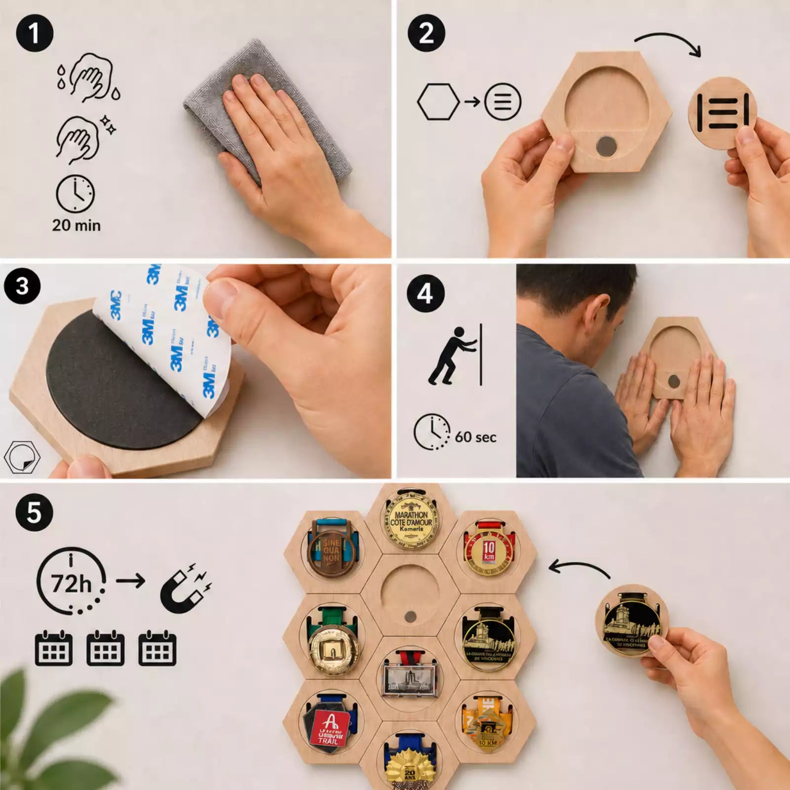 Porte-médaille hexagonal en bois - Le mur de médailles évolutif MedalRise - MedalRise